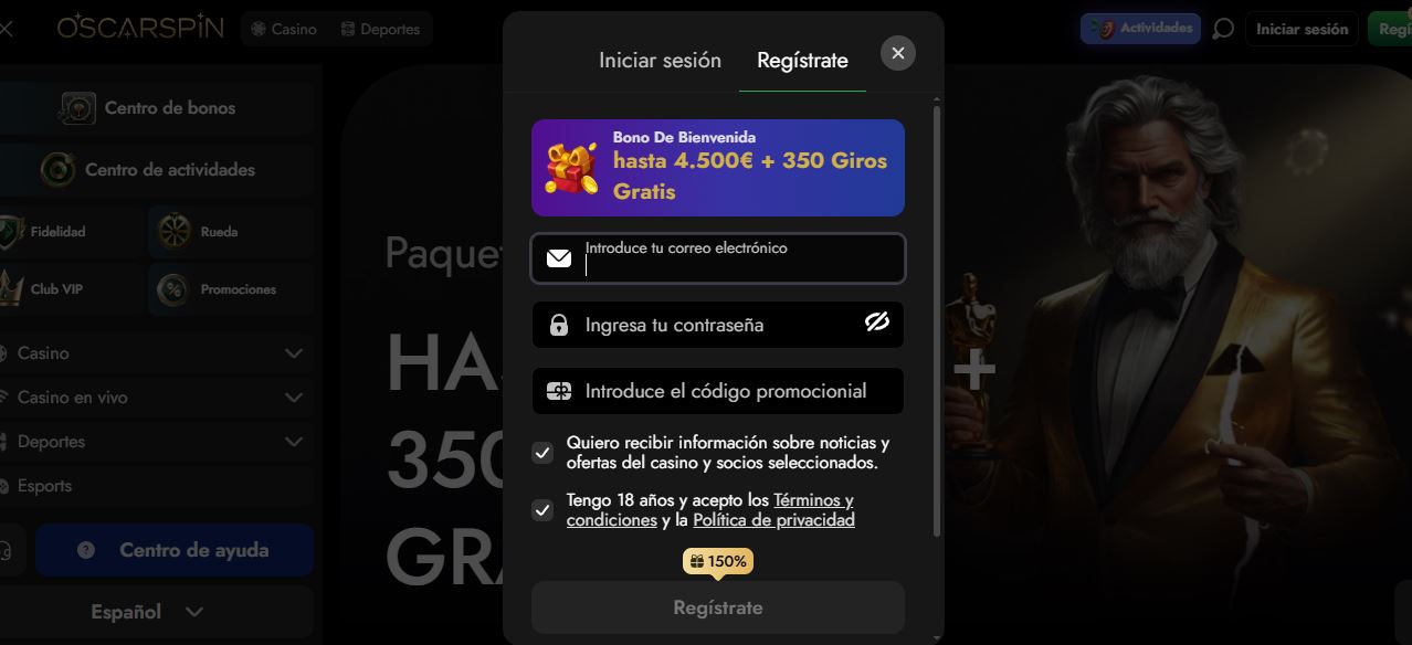 Regístrate en OscarSpin introduciendo correo electrónico y contraseña personal